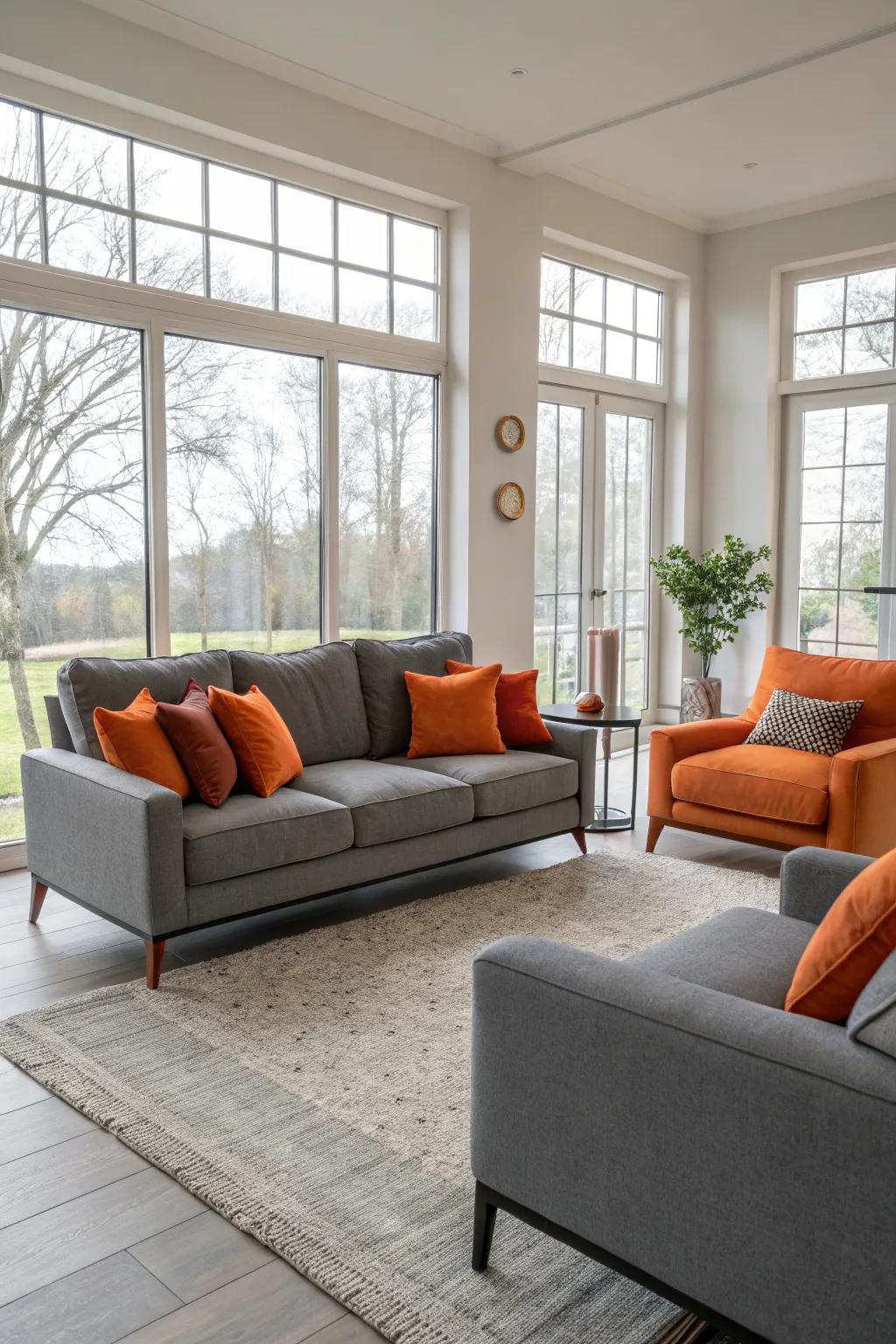 A well-balanced living area featuring gray decor brightened by orange cushions.