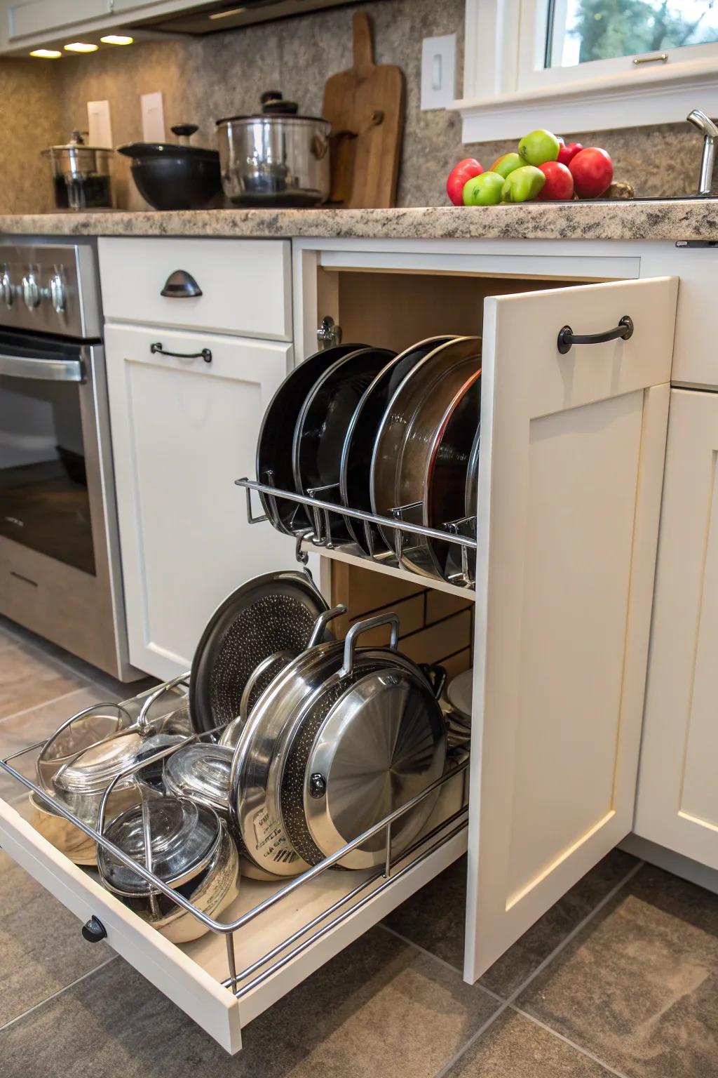 Slide-out hangers neatly storing cookware and lids in a cabinet.