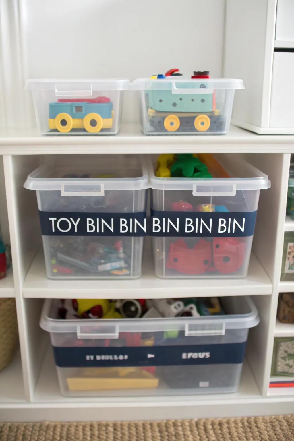 Transparent bins simplify toy organization.