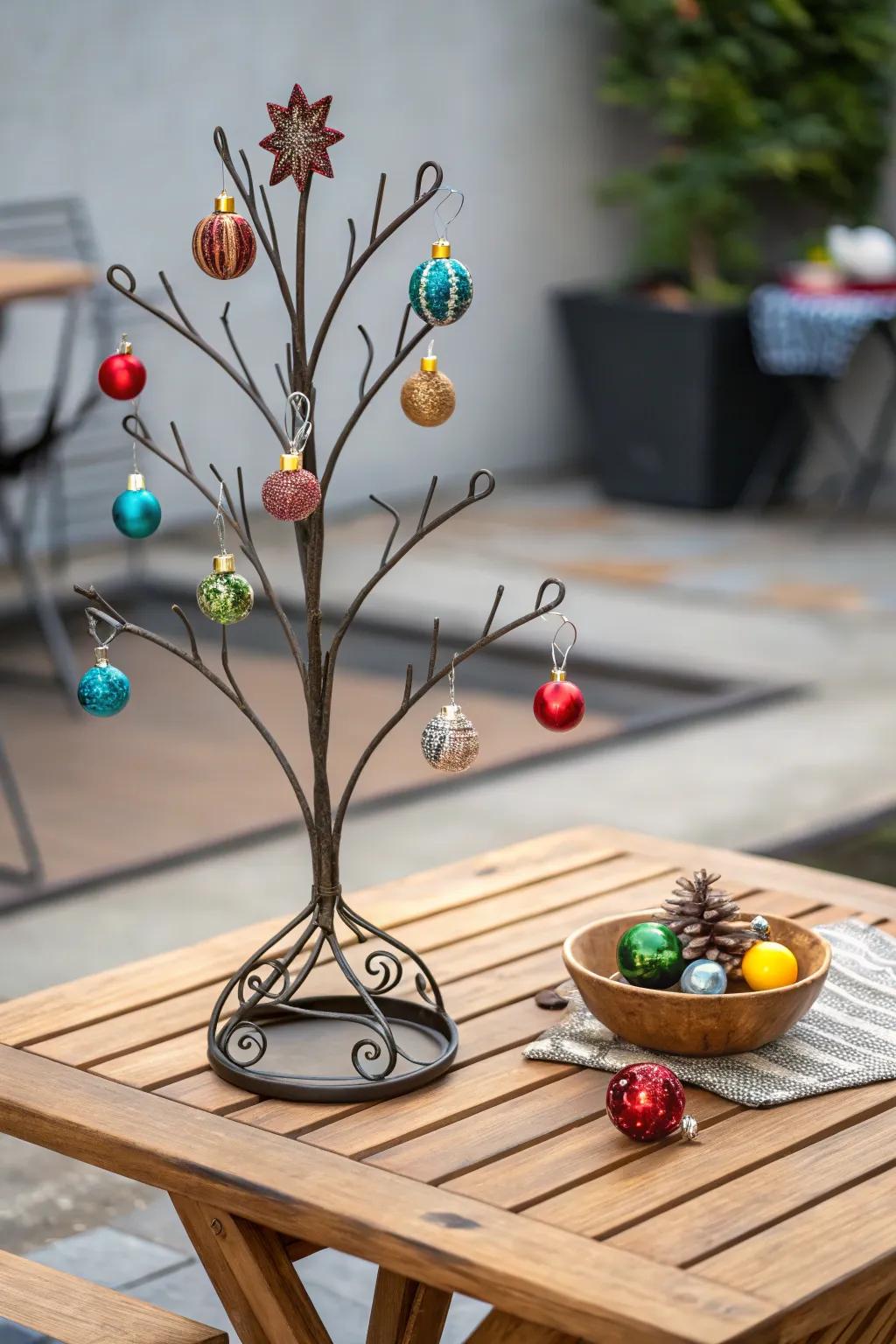A delightful table feature showcasing colorful ornaments.