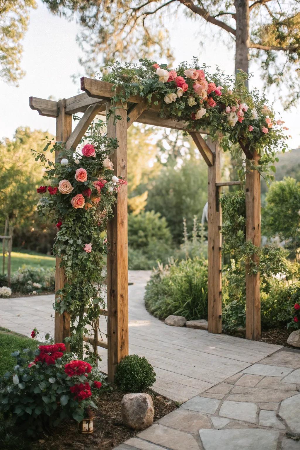 A countryside timber portal, exquisitely adorned with blossoms and greenery.