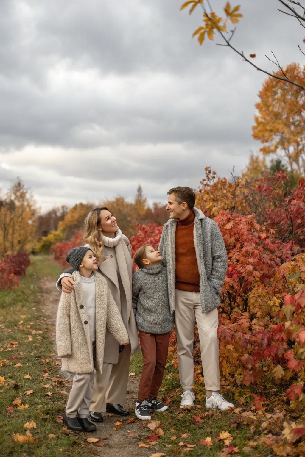 Neutral layers combine to create an intimate and harmonious family image.