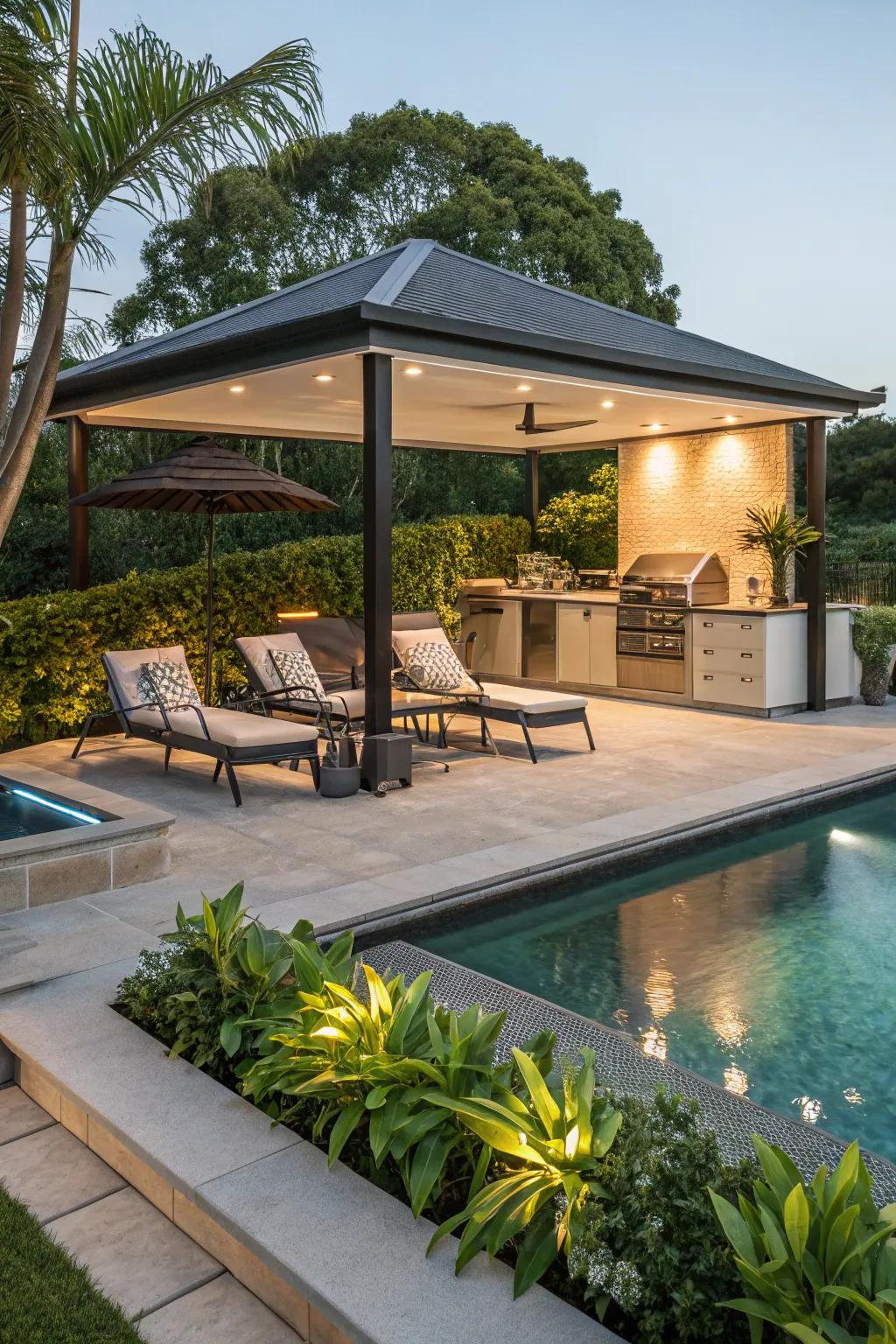 Design a poolside haven featuring an outdoor kitchen gazebo.