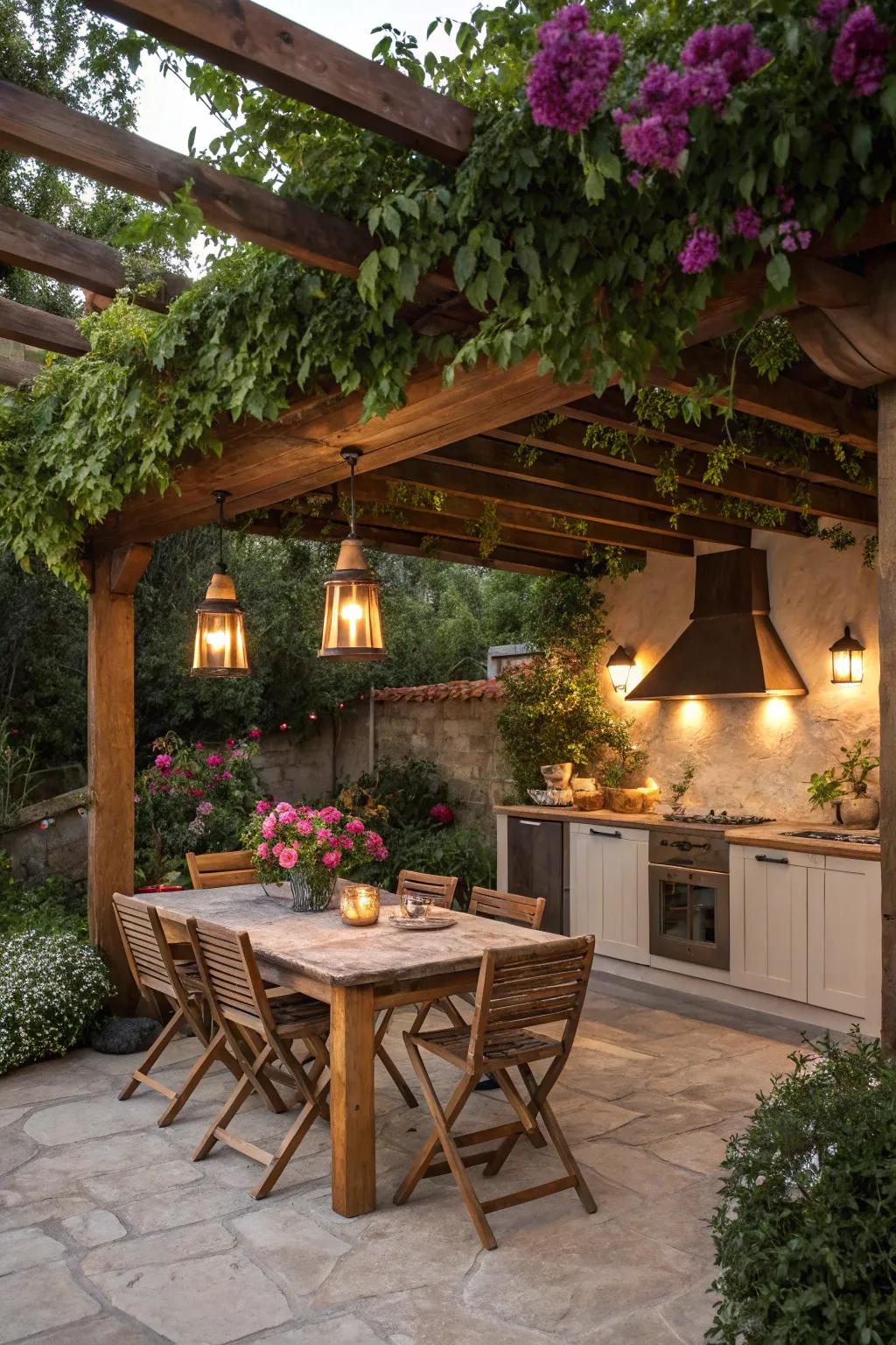 A trellis infuses shade and character into your open-air cooking space.