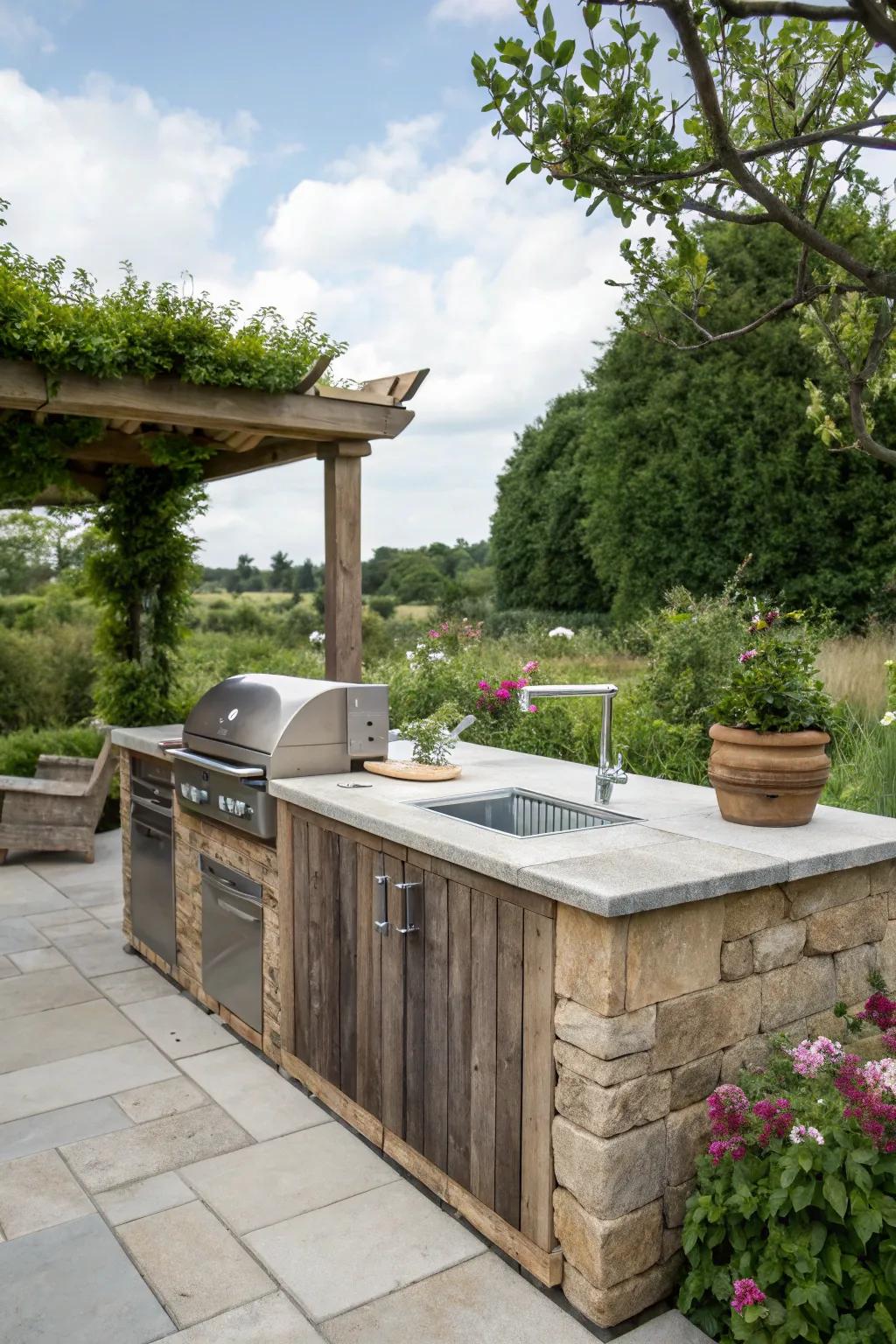 An outdoor kitchen island equipped with a built-in grill and sink, creating a seamless outdoor cooking experience.