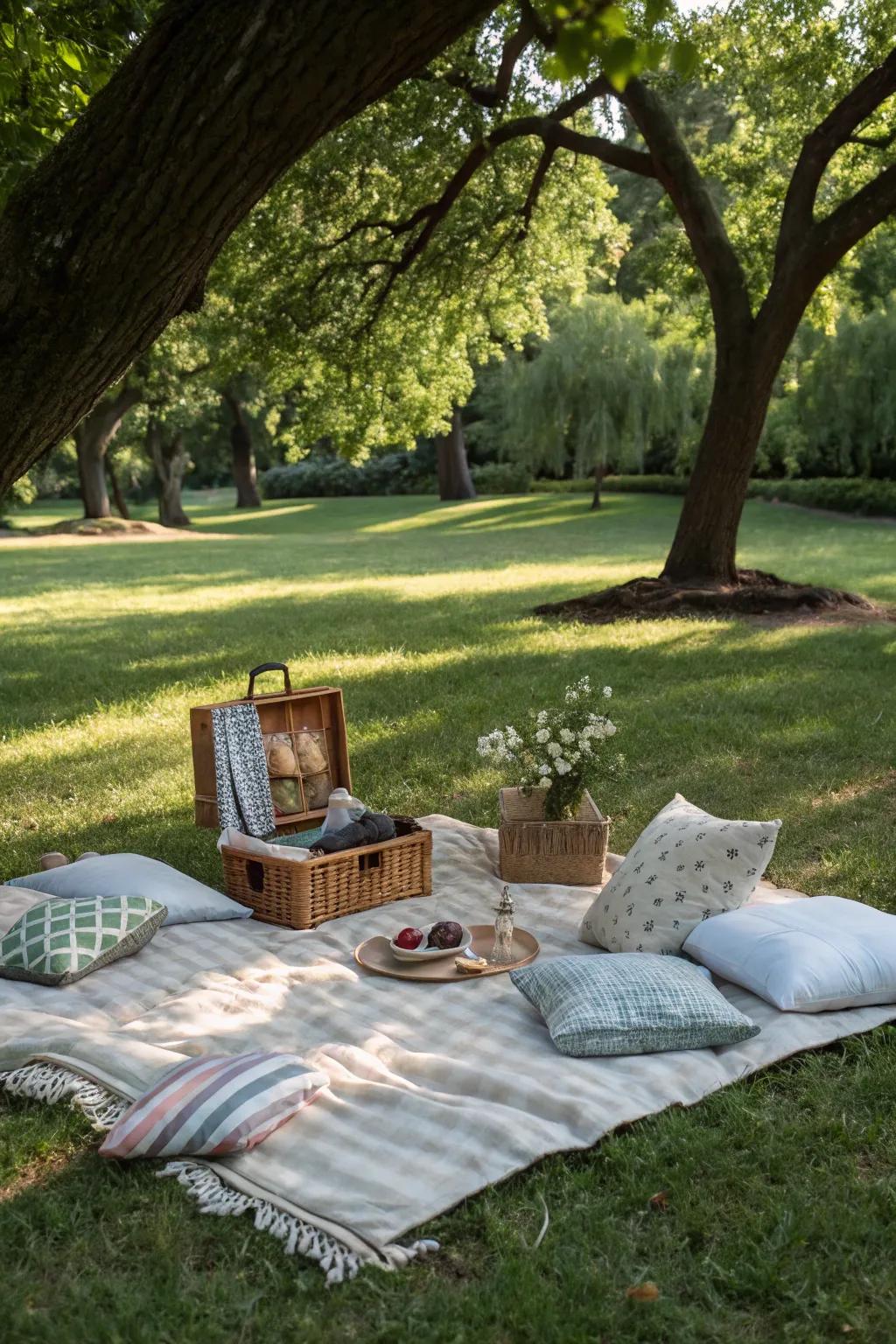 Create a cozy nook with blankets and pillows for a laid-back park gathering.