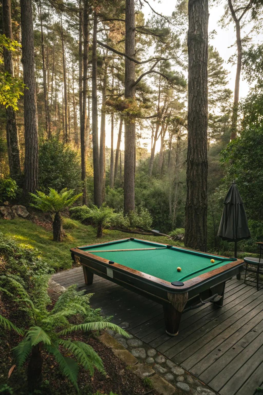 A pool table set amidst a wooded backyard, cultivating a tranquil, nature-stimulated backdrop.