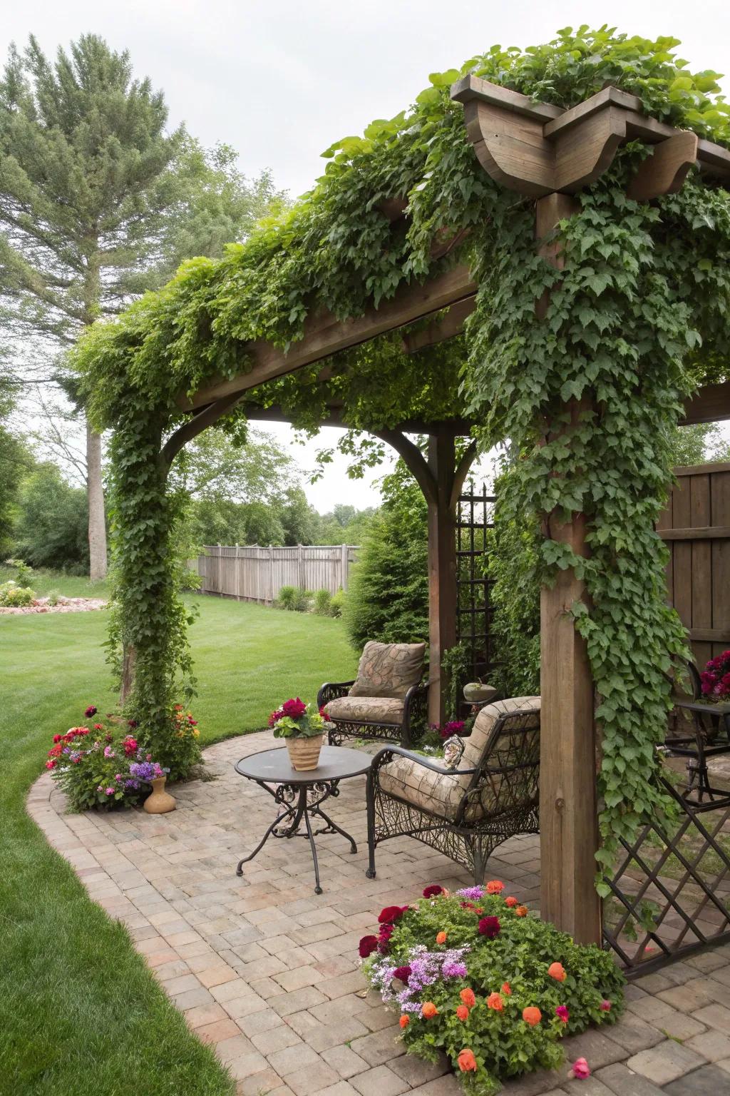 A shade structure fashions an enchanting and shaded haven.