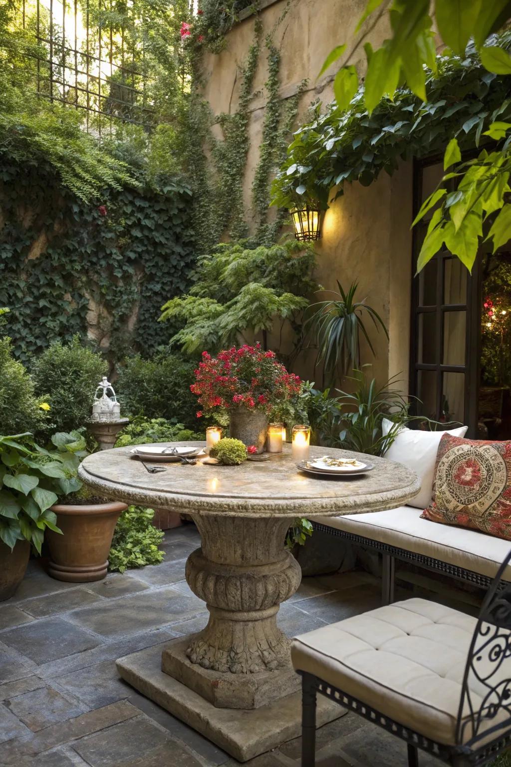Stone table tops impart elegance and durability to your alfresco dining space.