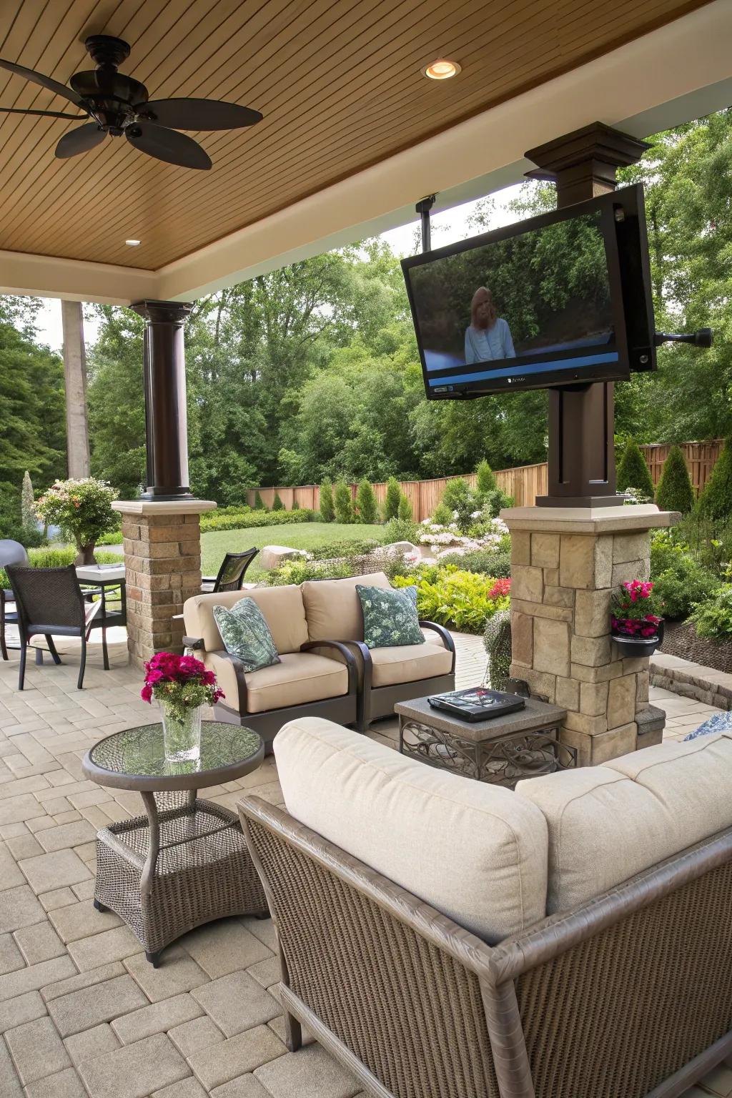 A swivel mount offers flexible viewing angles for outdoor TV enjoyment.