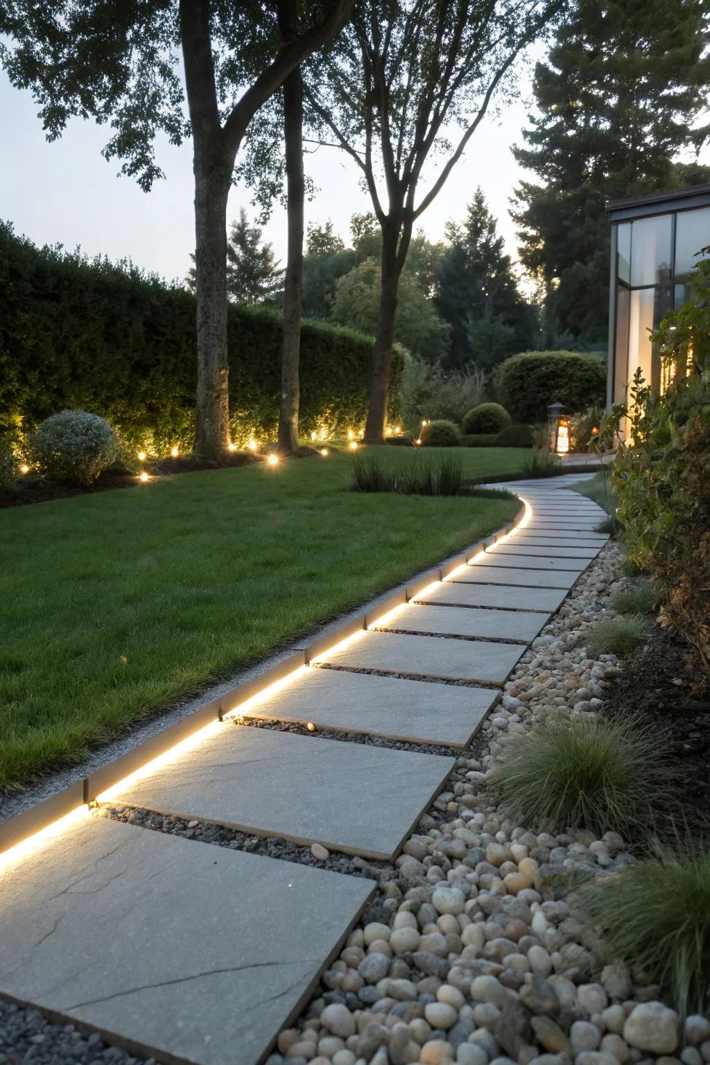 Streamlined LED bands brighten a modern path.
