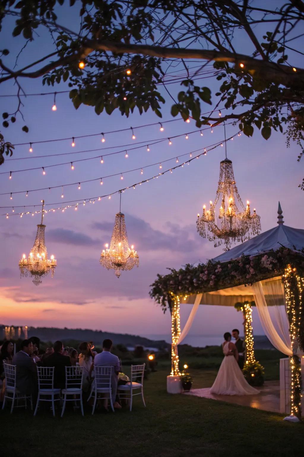Light up your wedding using chandeliers and suspended lights.