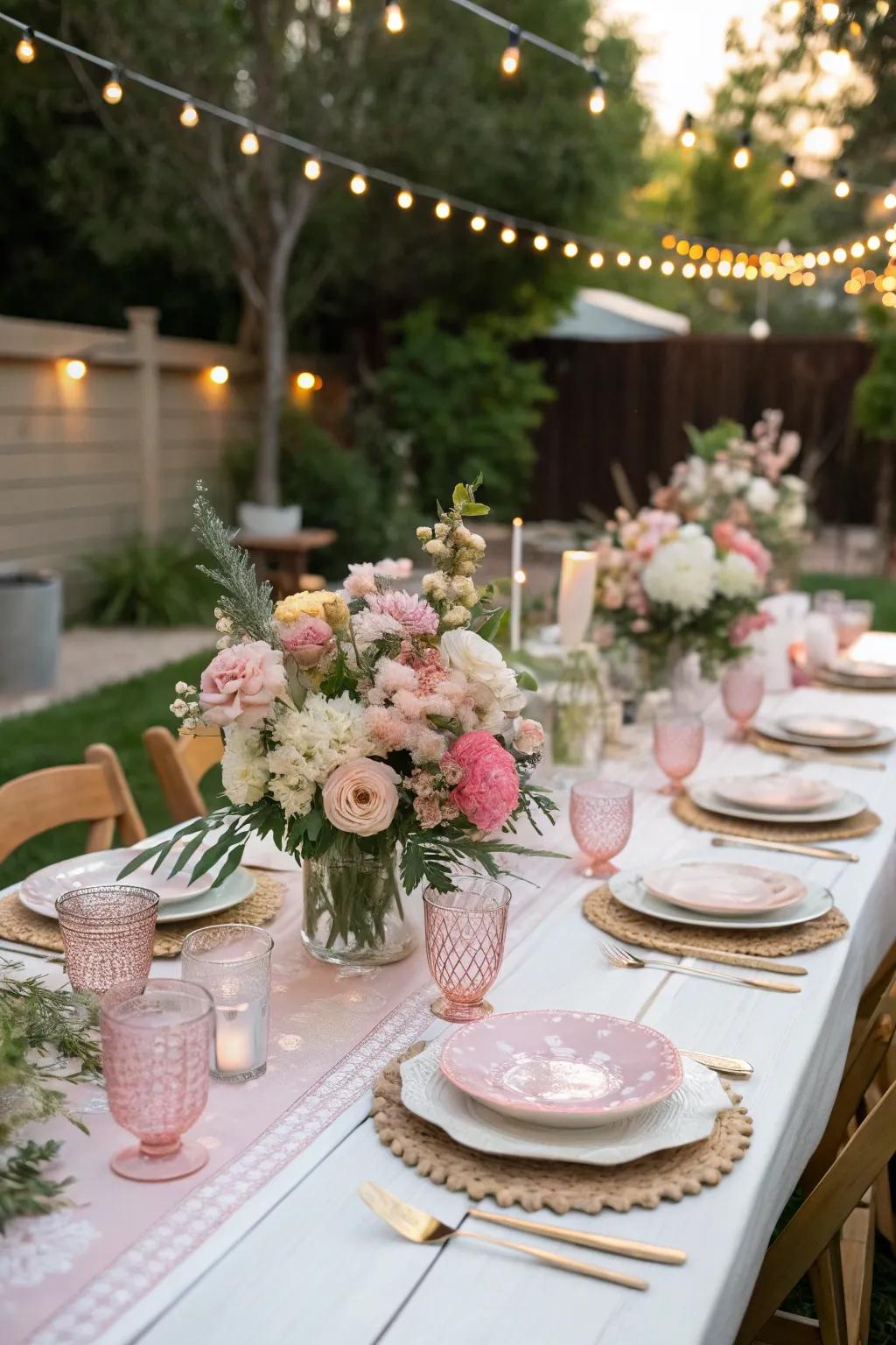 An elegantly arranged tablescape perfect for an outdoor baby shower.