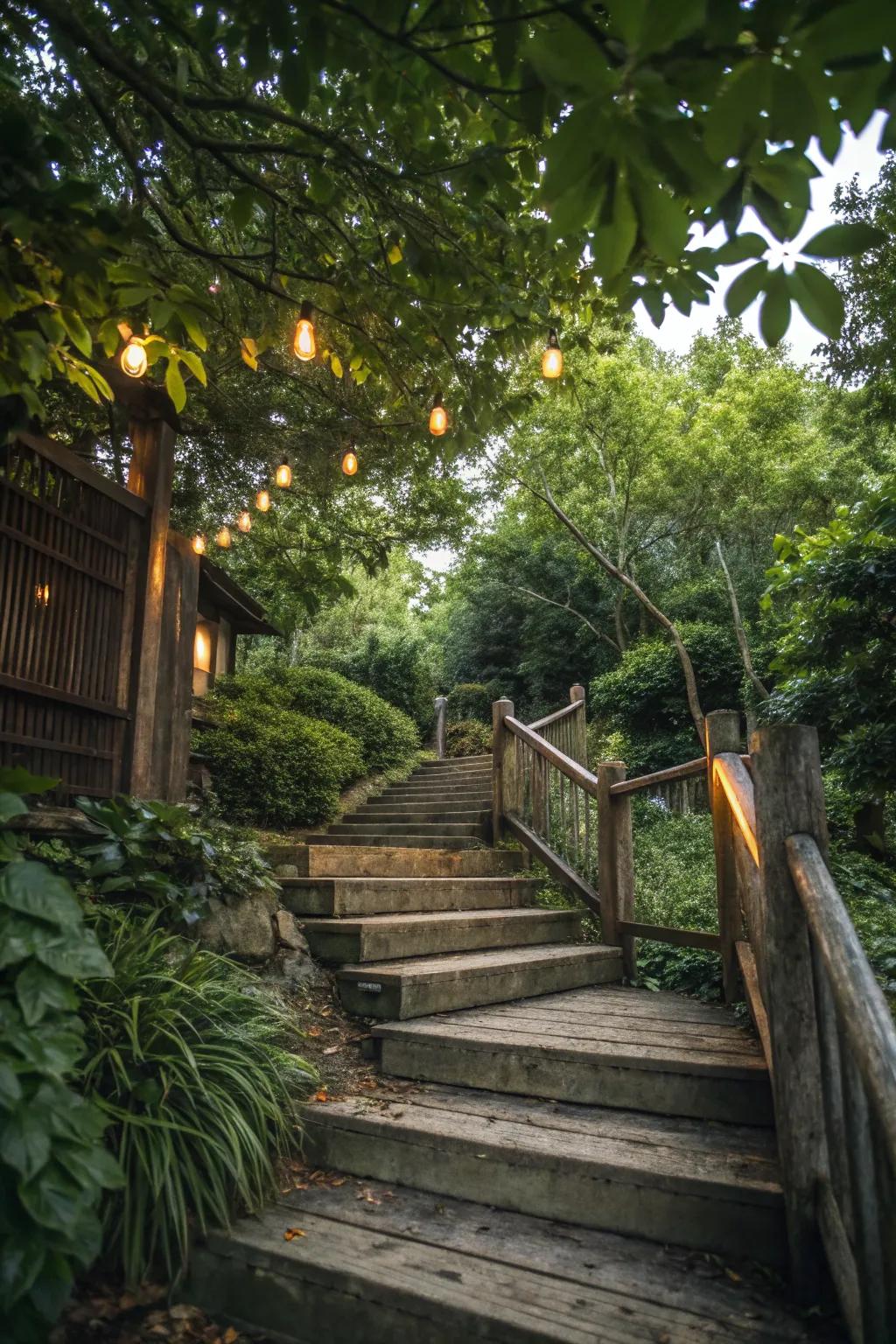 Inviting wood steps enhanced by soft lights.