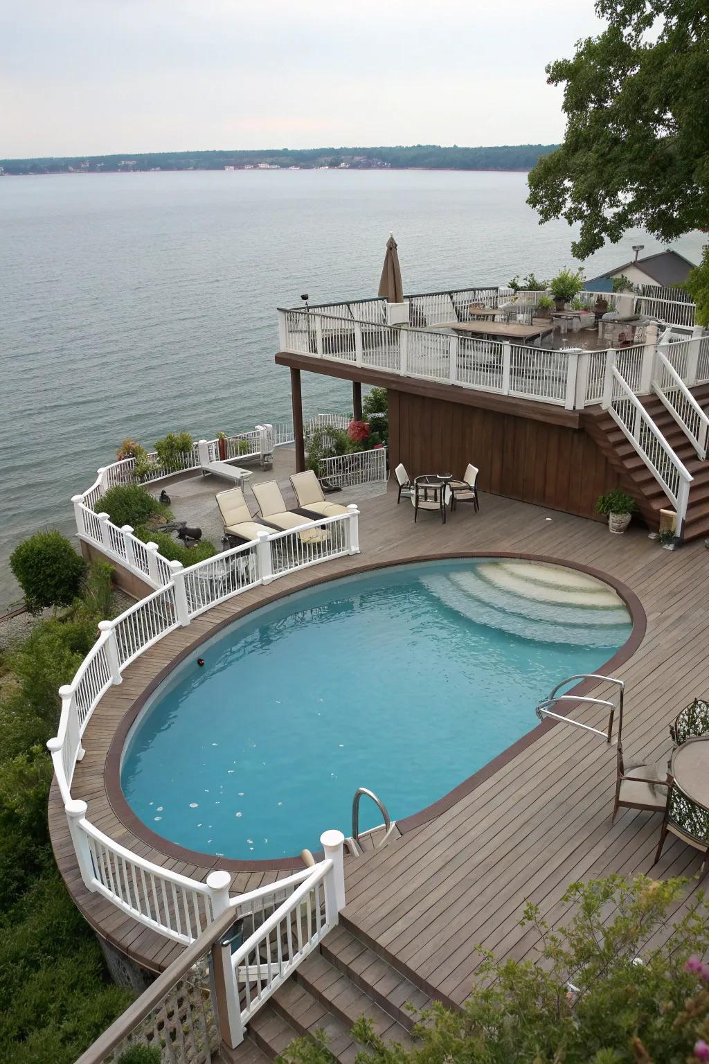 Tiered decks form a lively and adaptable poolside ambiance.