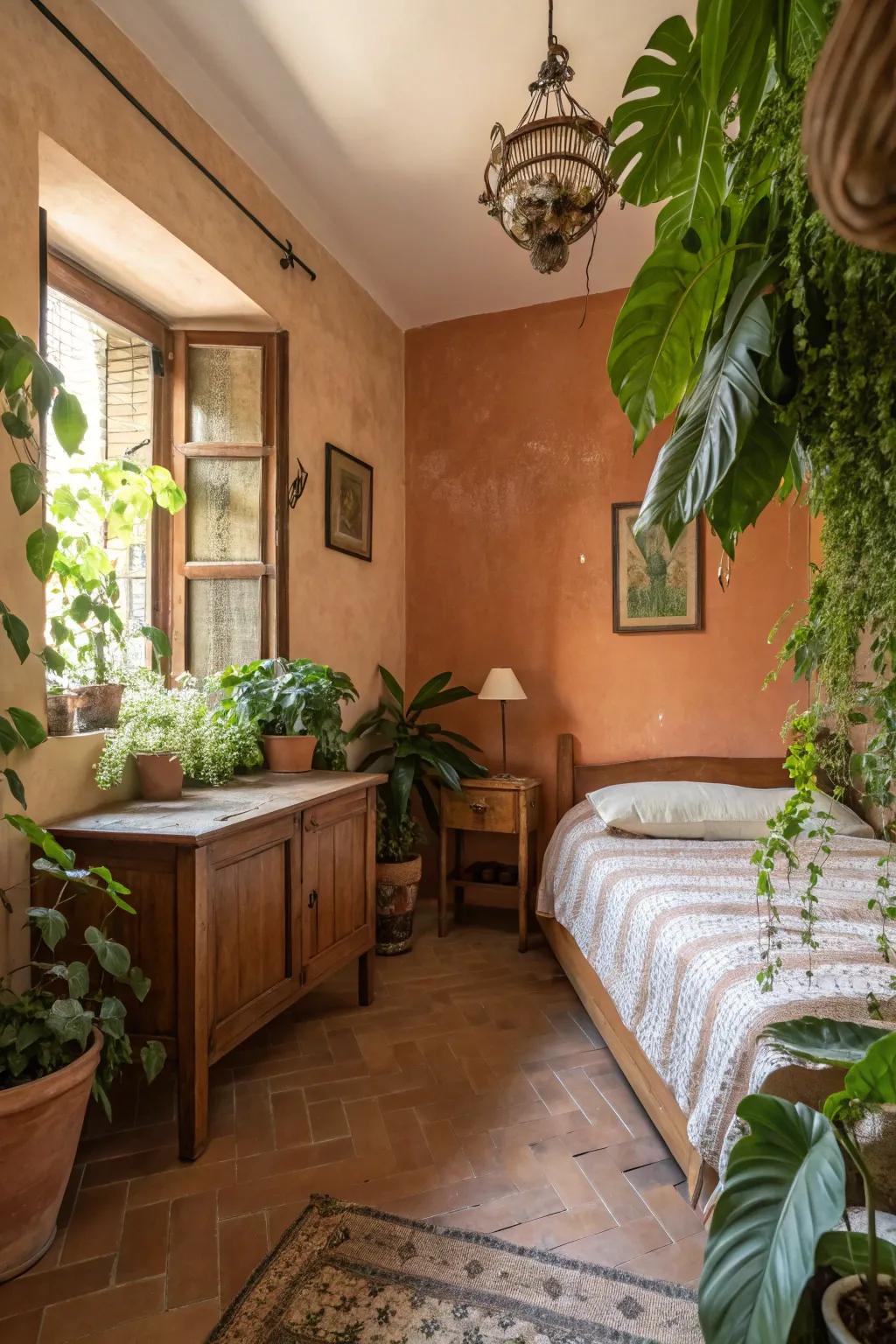 Rich earth tones foster a snug, inviting atmosphere in compact bedrooms.