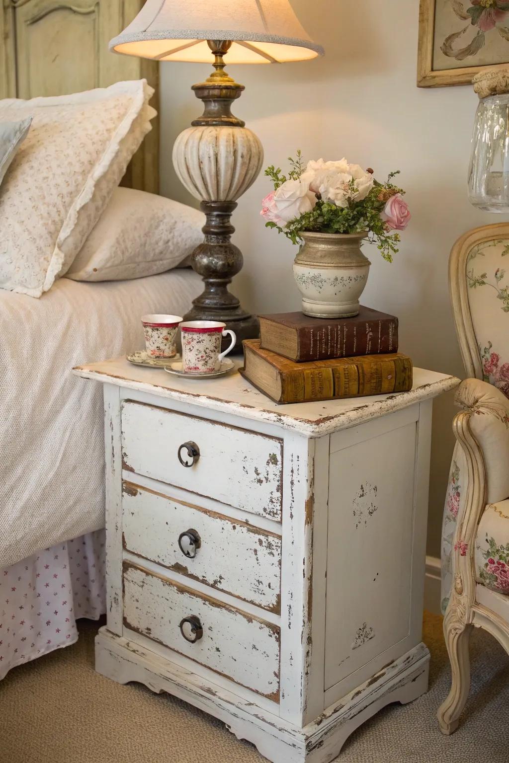 Celebrate the allure of a weathered bedside table for a snug ambiance.