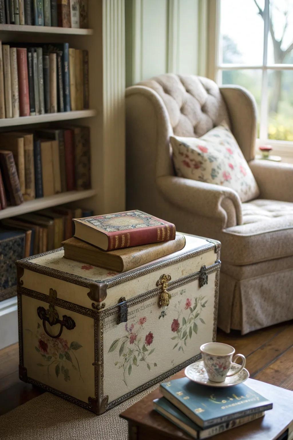 A vintage trunk flourishes with grace in a flower pattern.