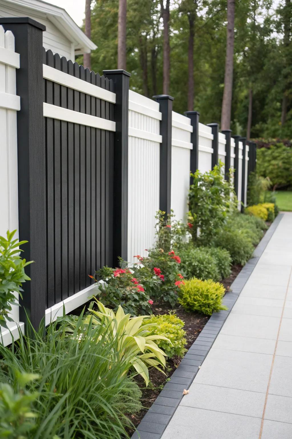 Monochrome painted fences provide a stark, beautiful backdrop for vibrant gardens.