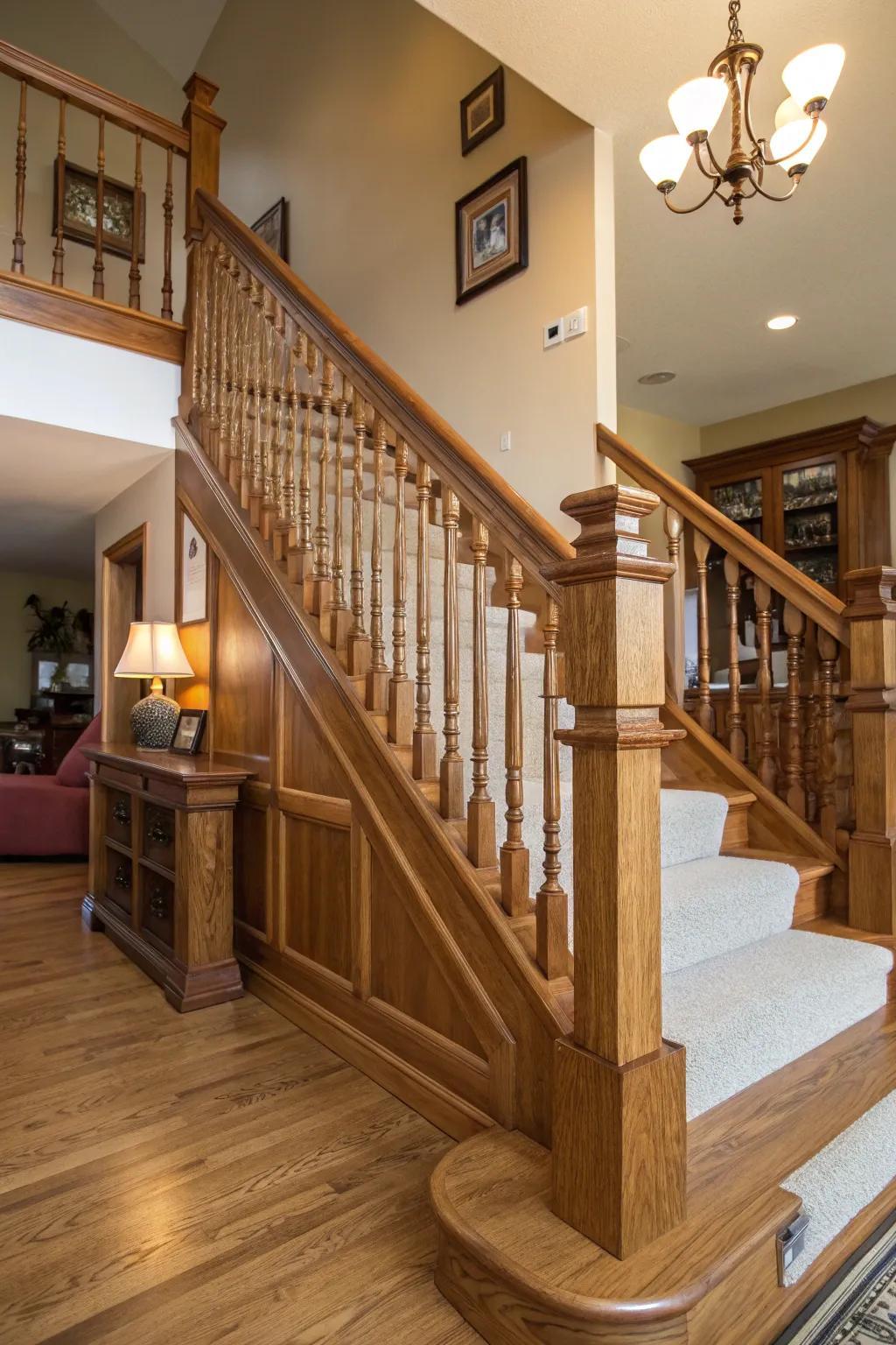 Natural wood railings contribute coziness and allure.