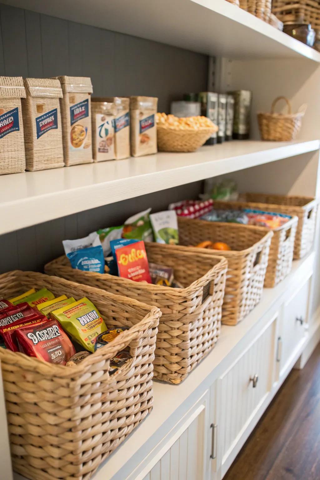 Woven baskets offer both aesthetics and practicality for storing snacks in large quantities.