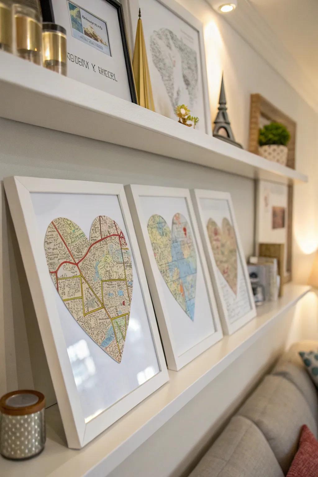 Map art spotlighting significant locations in your relationship.