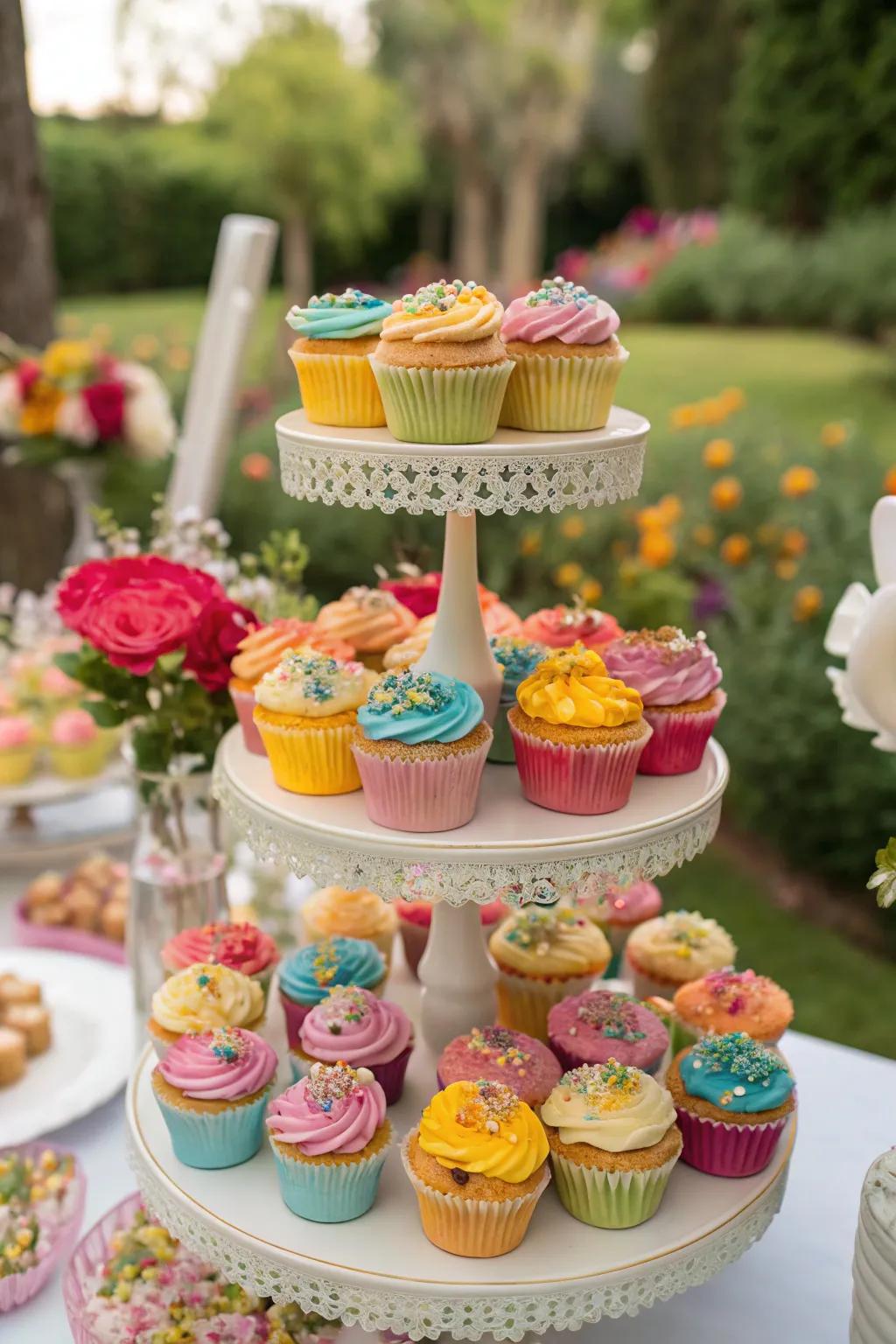 A brilliantly colored tiered pastry display serving as an impressive centerpiece.