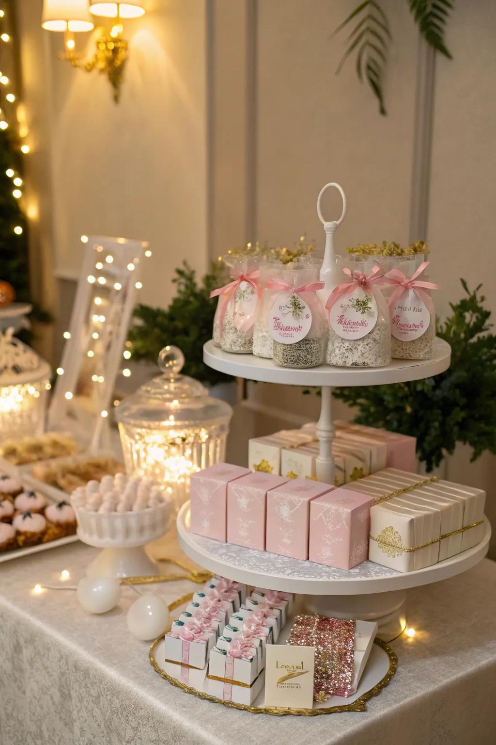 An elegant, tiered display highlighting small gifts beautifully.