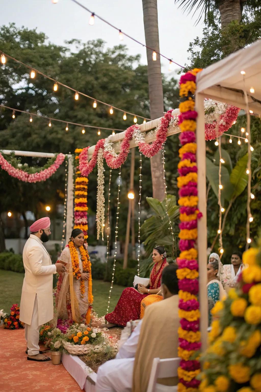 Floral garlands injecting a festive vibe into a rice-feeding party.