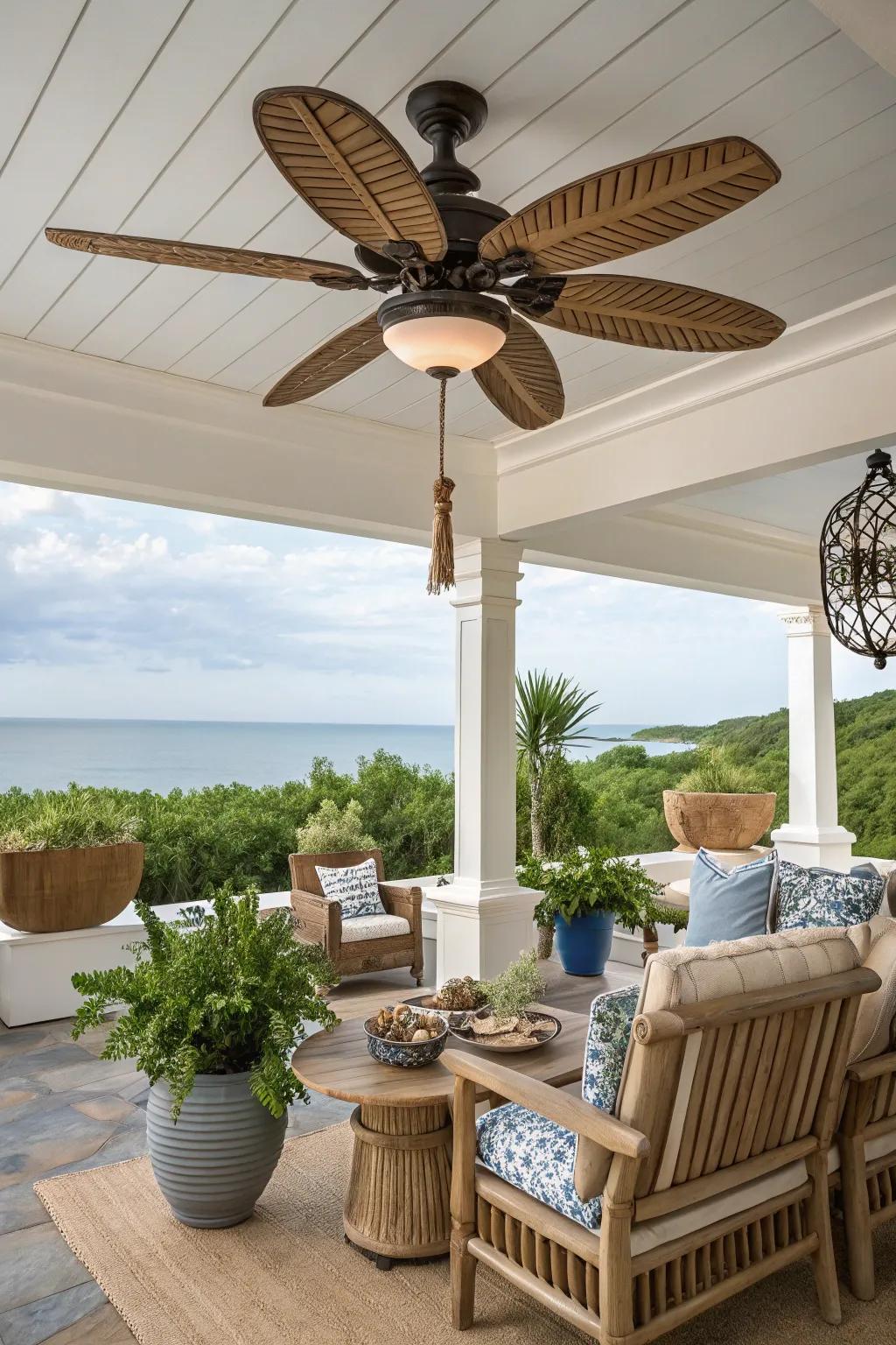 A seafaring patio design highlighted by a rope-decorated ceiling fan.