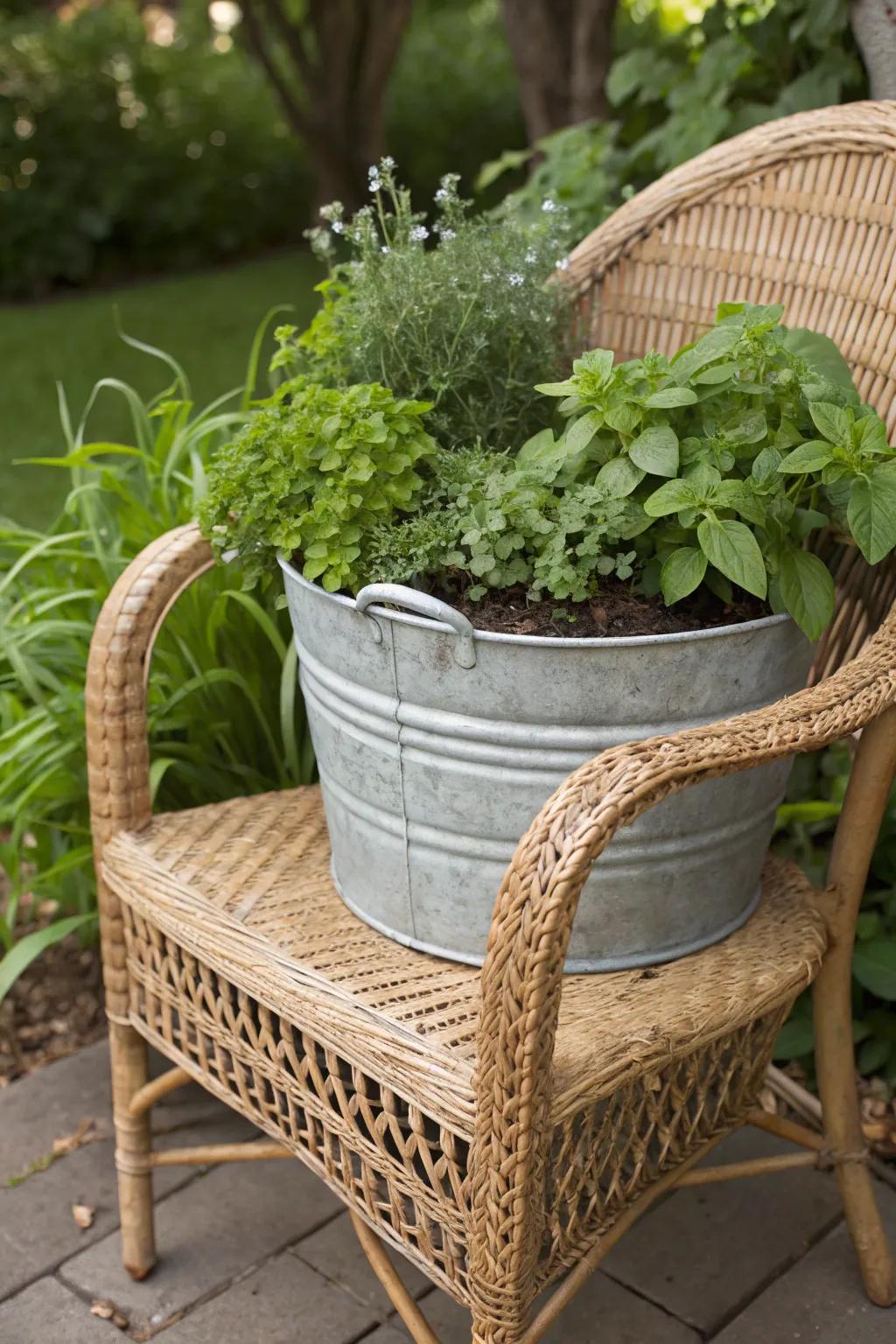 Repurposed wicker seat flourishing with herbs.