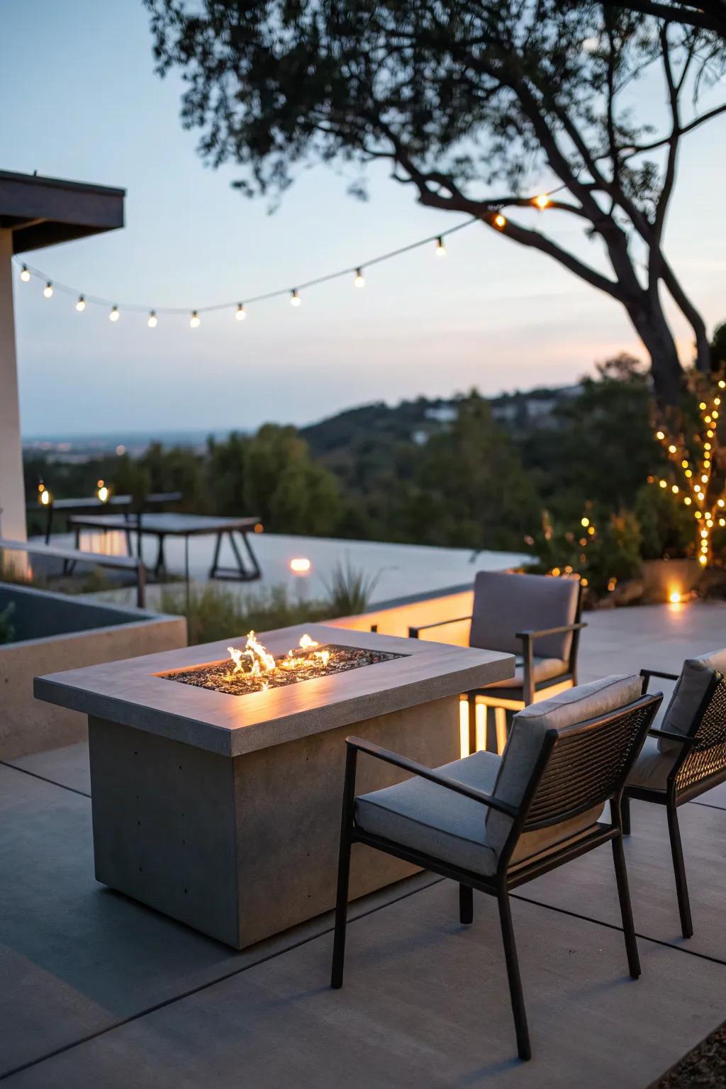 The height of sophistication, a modern fire table transforms your patio.