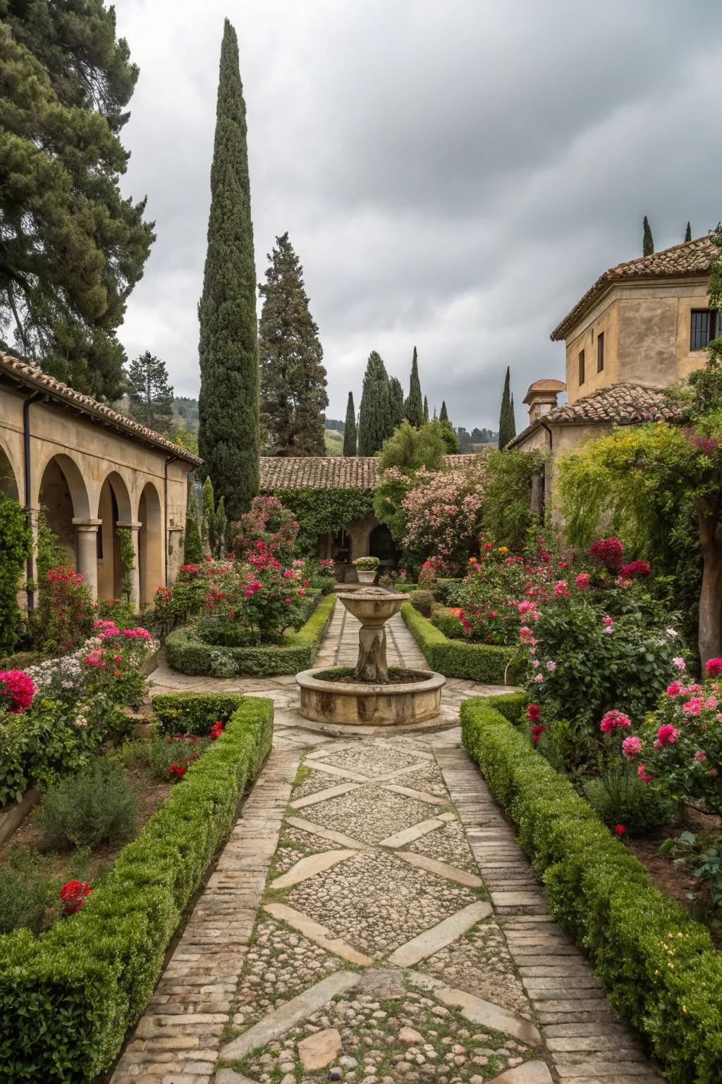 Stone pathways introduce a note of refinement to this Italian garden.