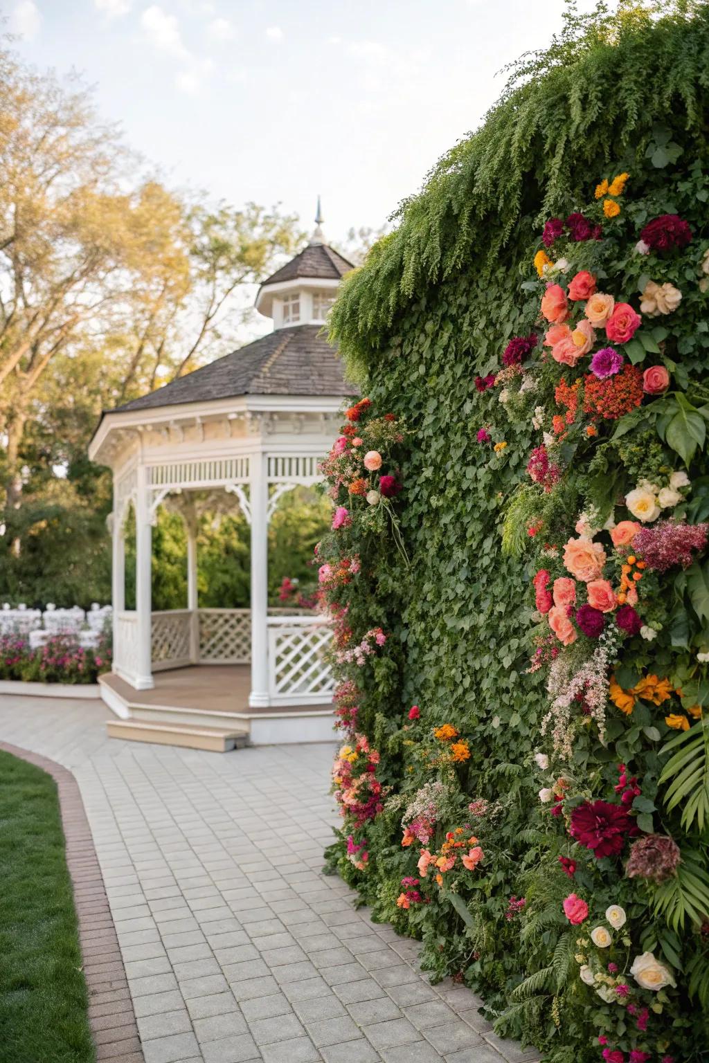 A vibrant botanical wall makes a striking wedding backdrop.