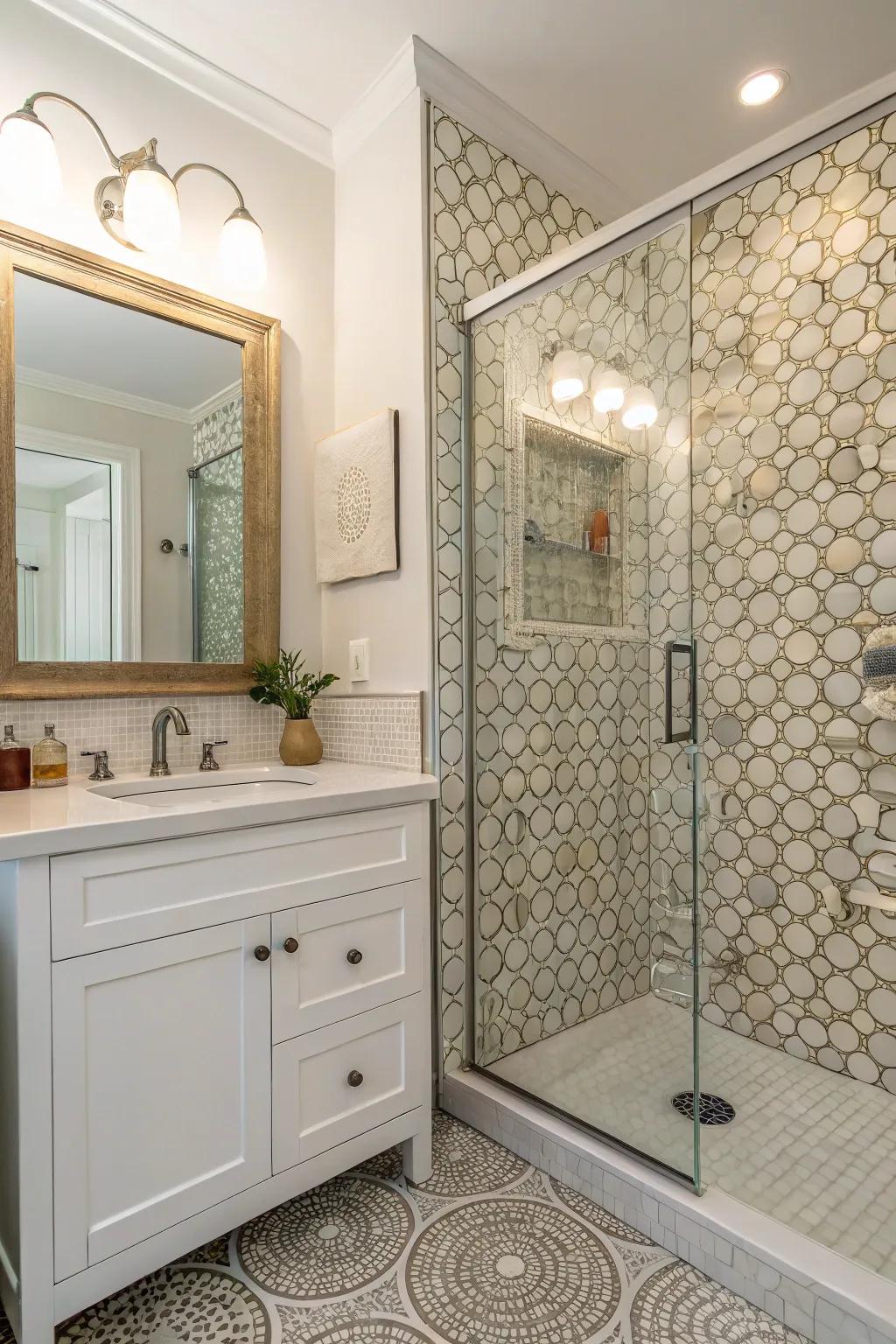 A gorgeous penny tile statement wall enhances depth and texture.