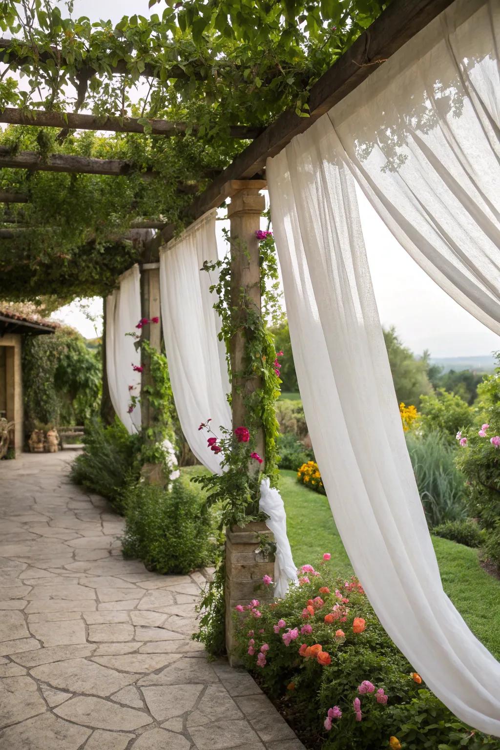 Flowing curtains offer both shade and elegance.