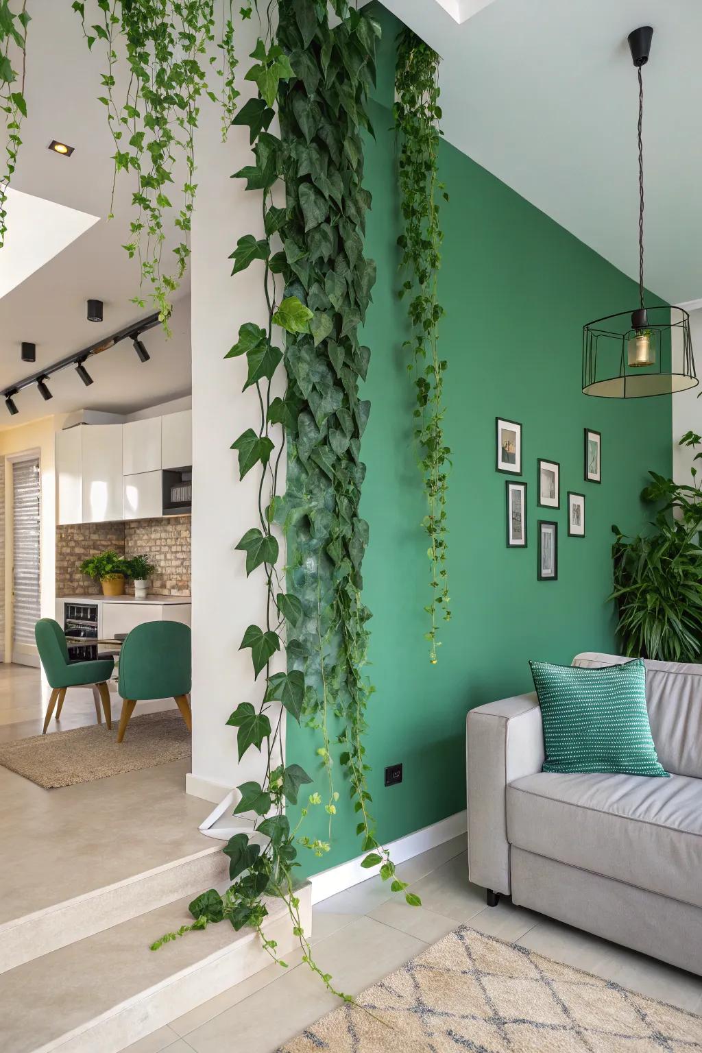 A verdant wall featuring faux cascading vines and leaves, bringing a revitalizing element to any space.