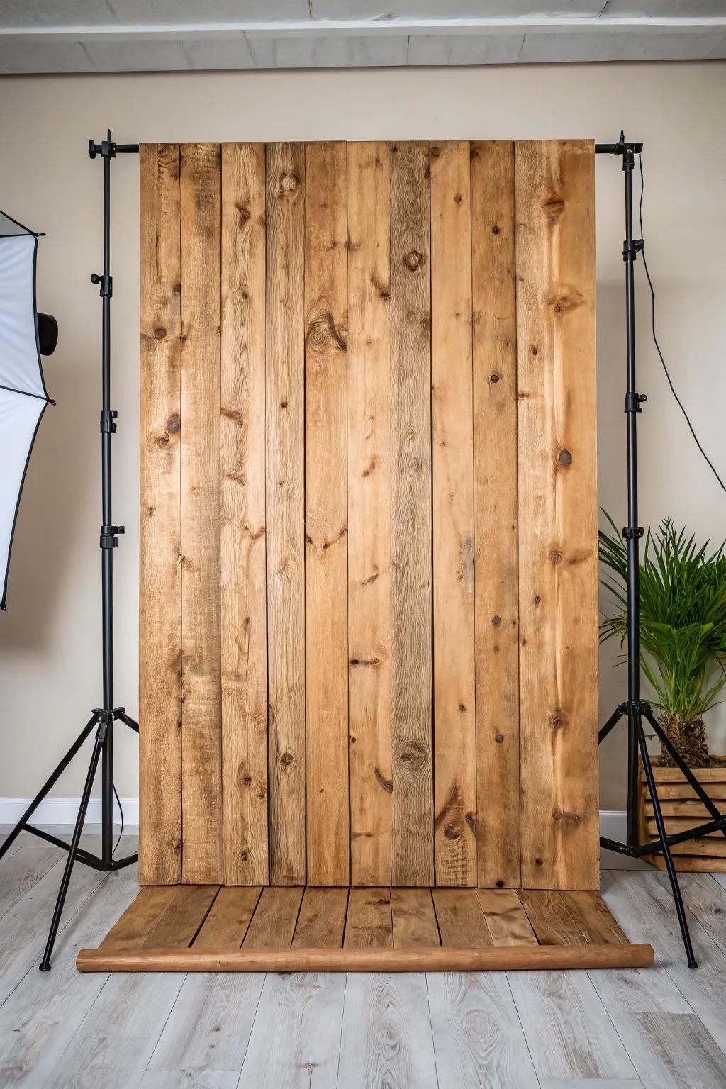 Cozy photo setting with rustic wood panels.