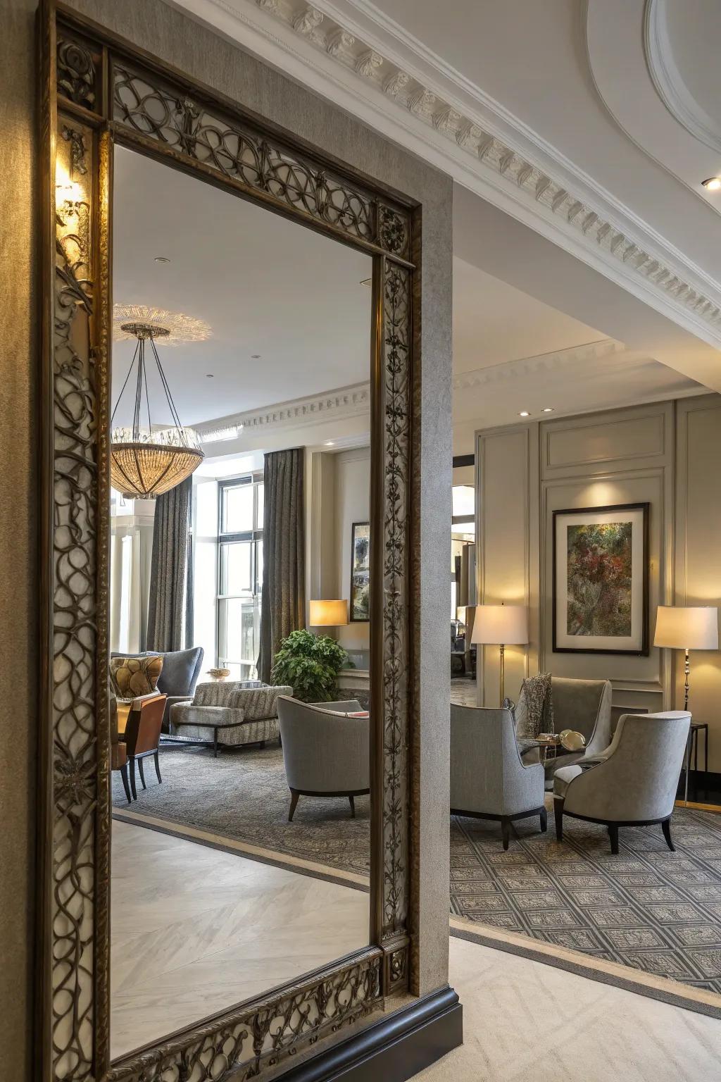 A chic mirror portraying a fashionable room bathed in sunlight.