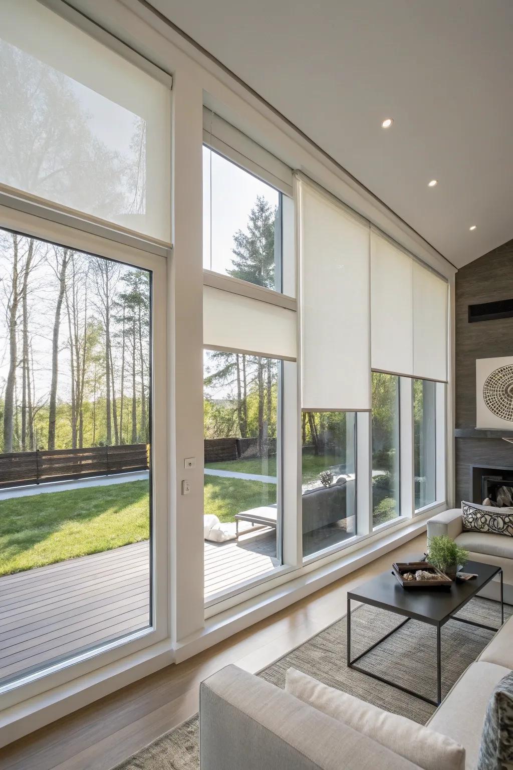 A contemporary picture window featuring minimalist roller shades for a neat look.
