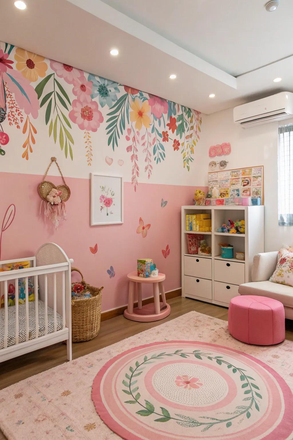 A captivating nursery boasting a blossom-themed rose-tinted wall that enchants.