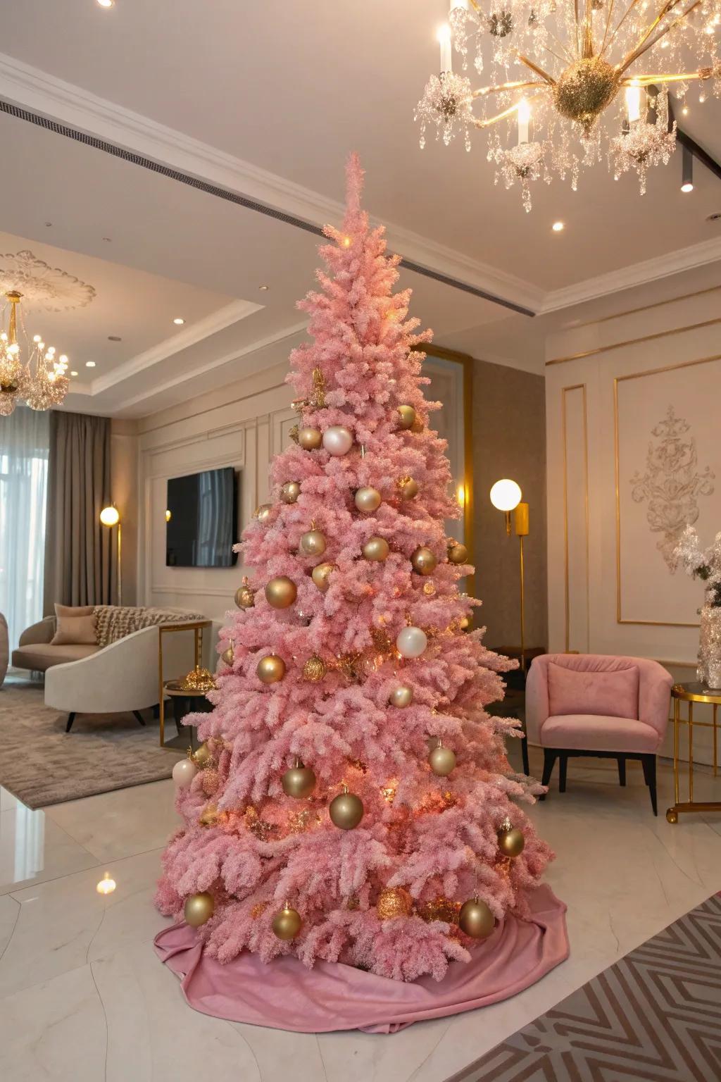 Gilded touches amplify the sophistication of a pink Christmas tree.