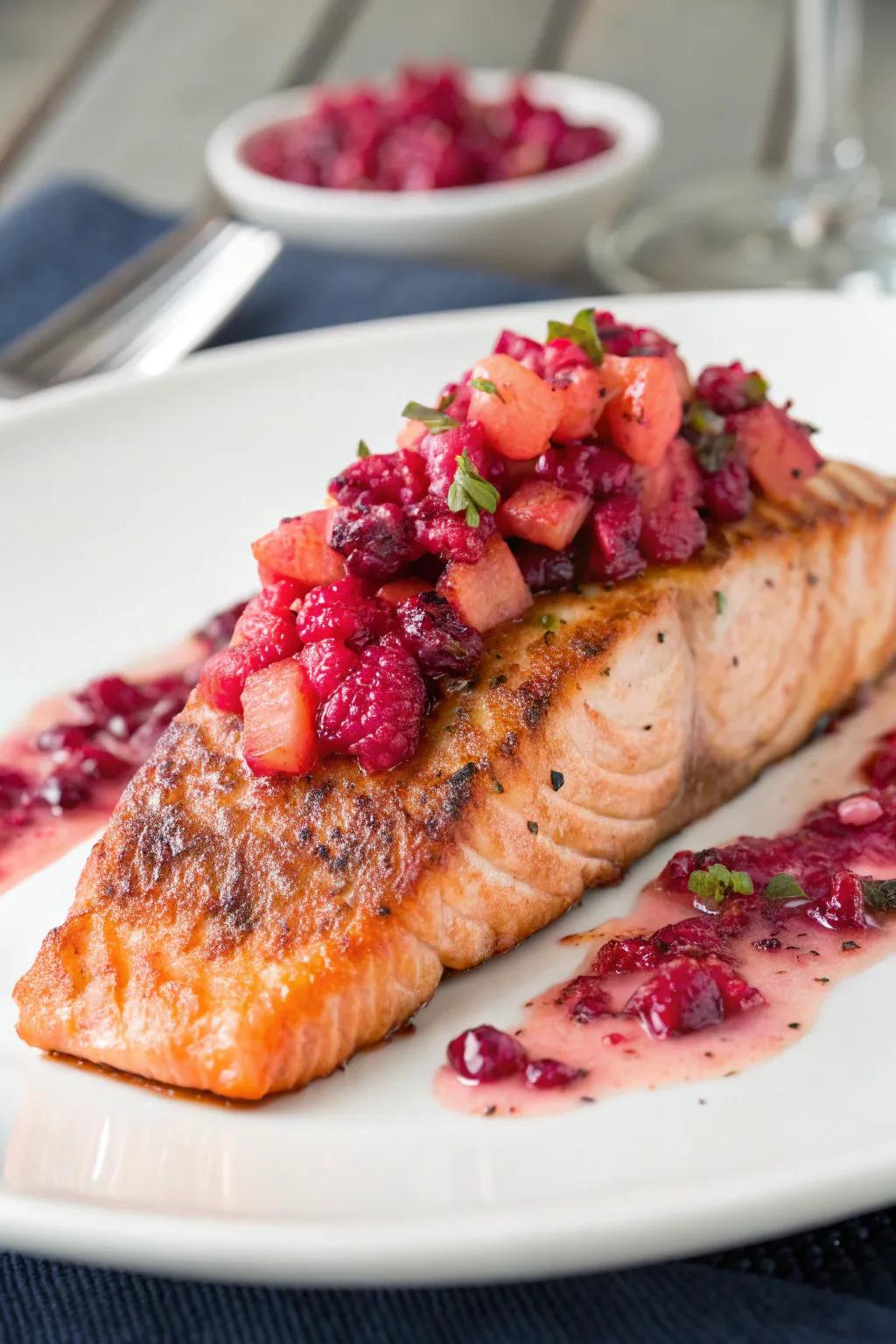 Ocean trout with rosy berry relish brings a touch of gourmet sophistication to your meal.