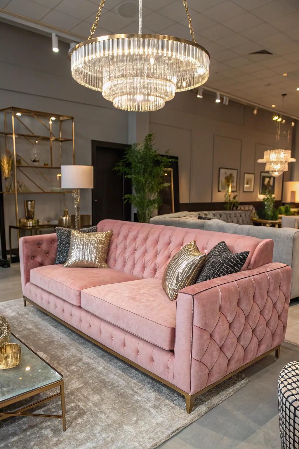 A rose plush seating injects a sense of grandeur and refinement.