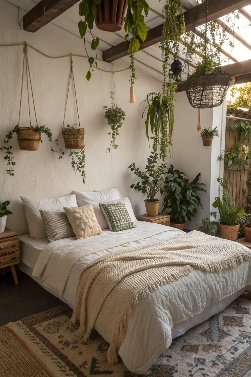 Establish a peaceful haven with plants arranged near your bed.
