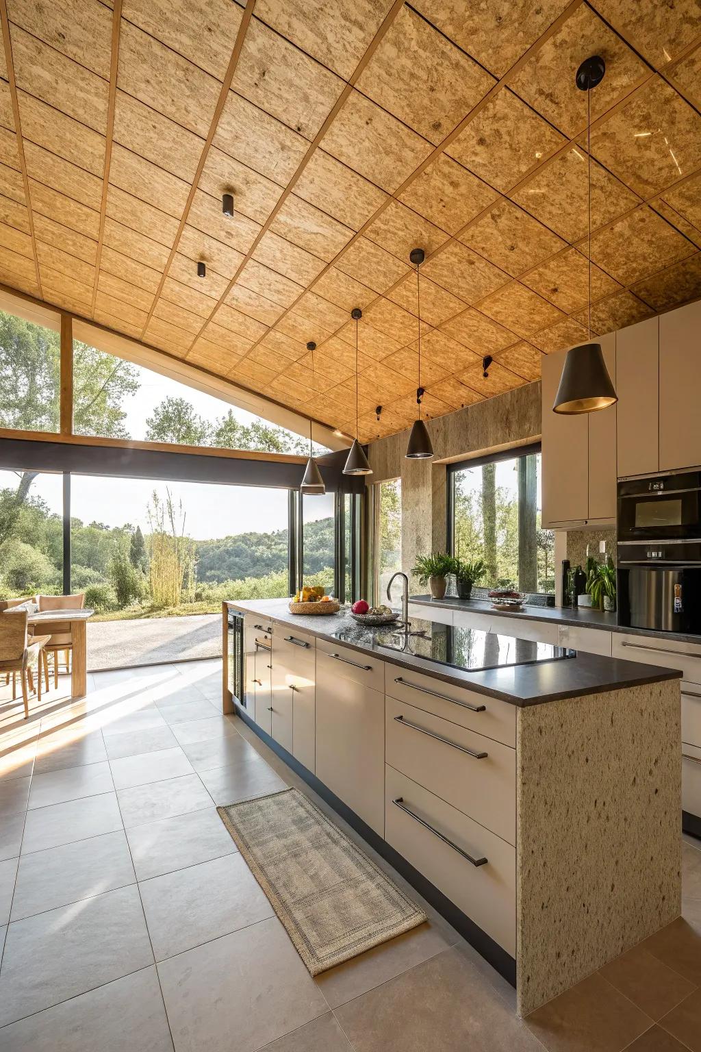 An open kitchen where the plywood ceiling amplifies the space's allure and harmony.