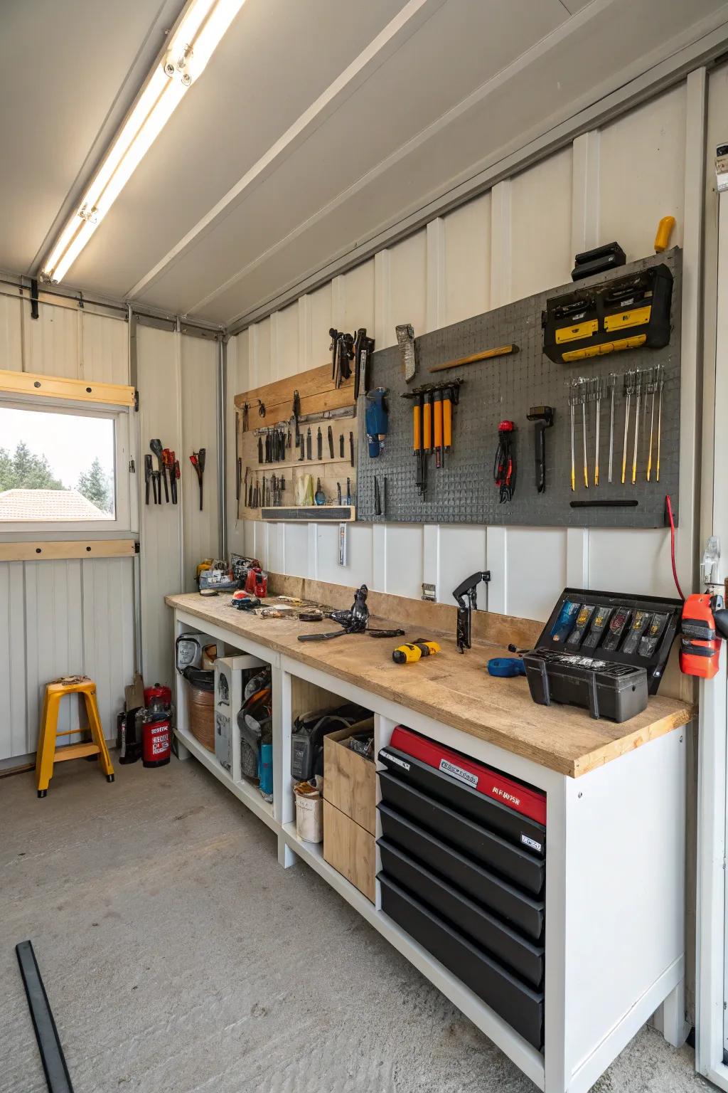 A well-organized workshop within a pole barn featuring instruments arranged with precision.