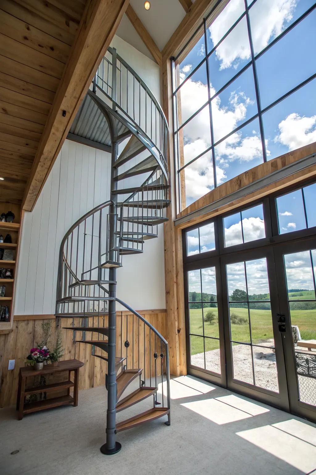 An elegant spiral staircase that doubles as both a practical and aesthetic component.