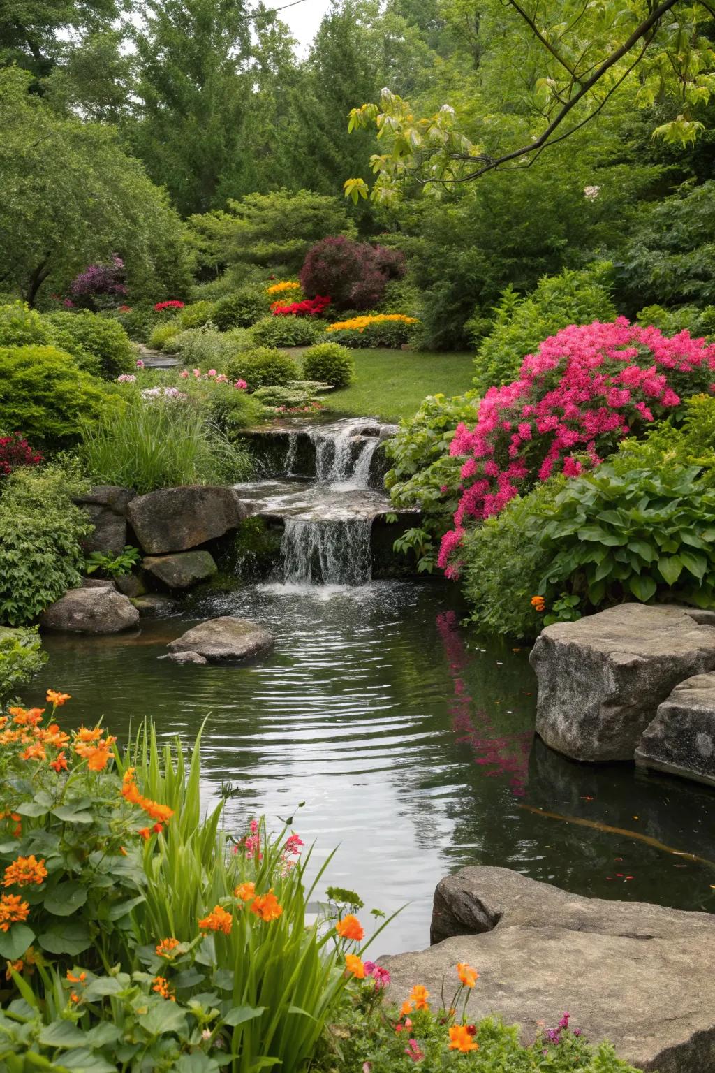 A pond with a cascading waterfall, producing calming melodies and a captivating visual.