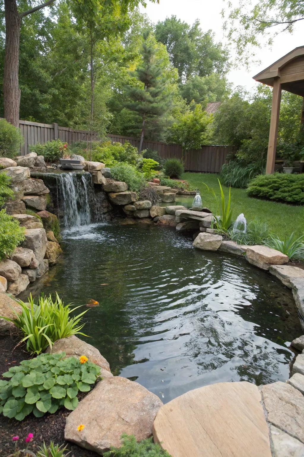 A serene backyard pond featuring a small waterfall cascading elegantly.
